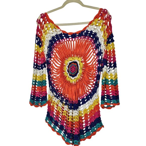 Crochet Bohemian Rainbow Tunic Round Mandala Design 3/4 Sleeves Grandmacore S - Picture 2 of 9